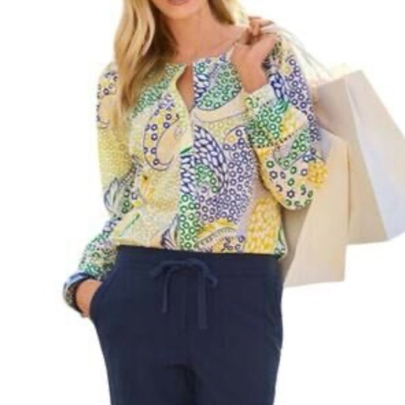 Talbots Womens Green Blue Paisley Blouse Medium Cottagecore Eyelet Summer Vibe - Picture 2 of 12